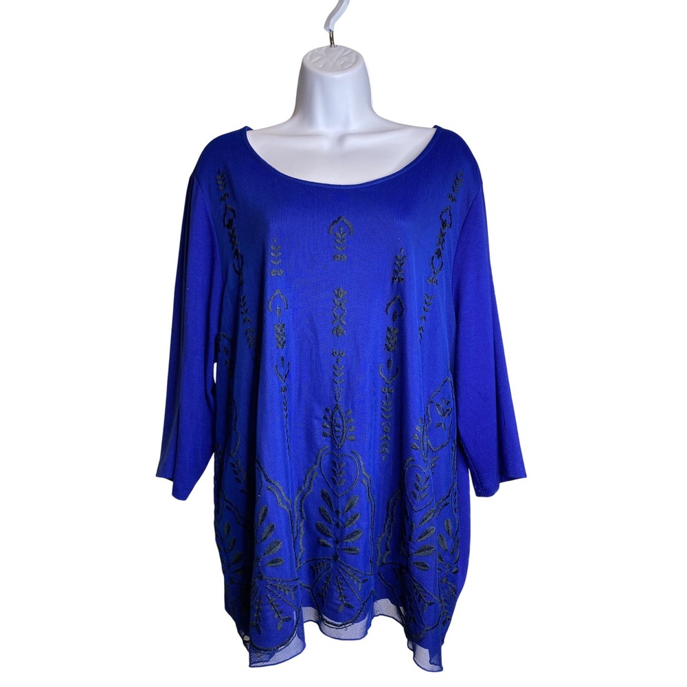Catherines Womens Blue Embroidered Top Sz 1X Petite Sheer Overlay Flowy Boho